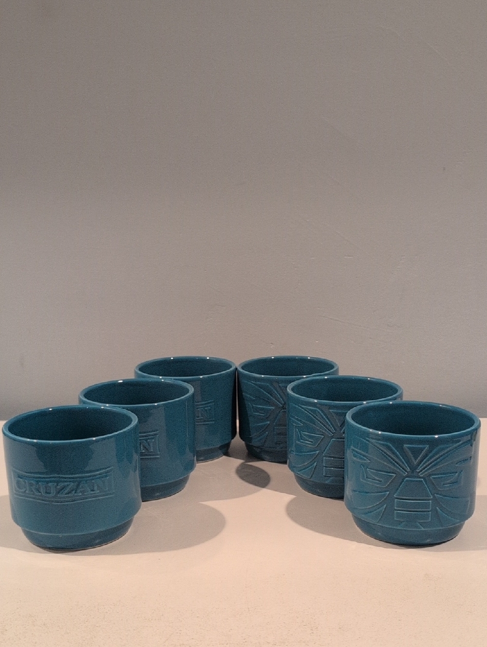 Set Of Six Ceramic Cruzan Rum Stackable Turquoise Tiki 10 Ounce Mugs